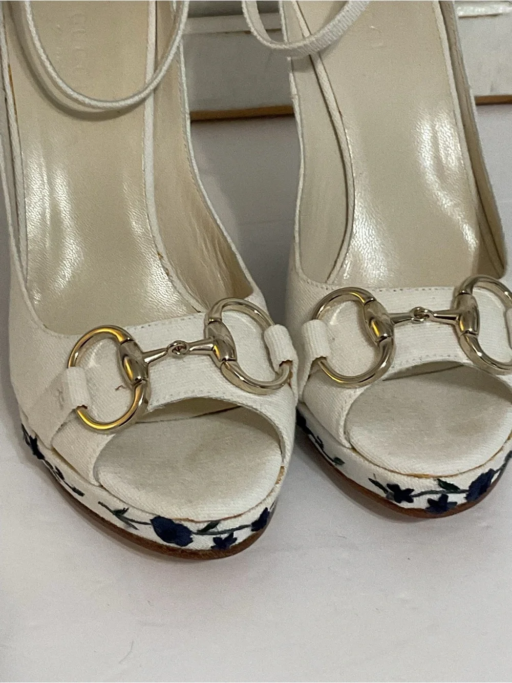 Gucci Horsebit Canvas Wedge with Embroidered Heels